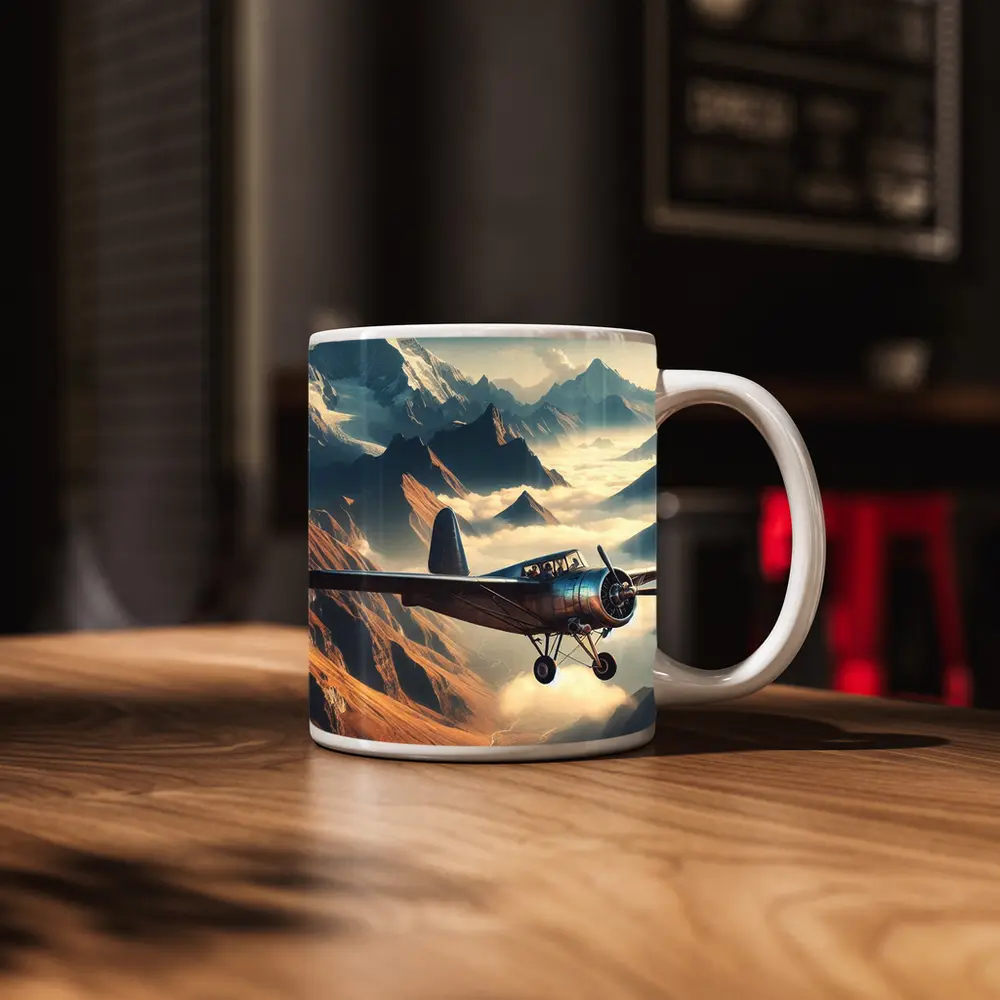 Vintage Propeller Plane Flying Over Mountains – Mugs