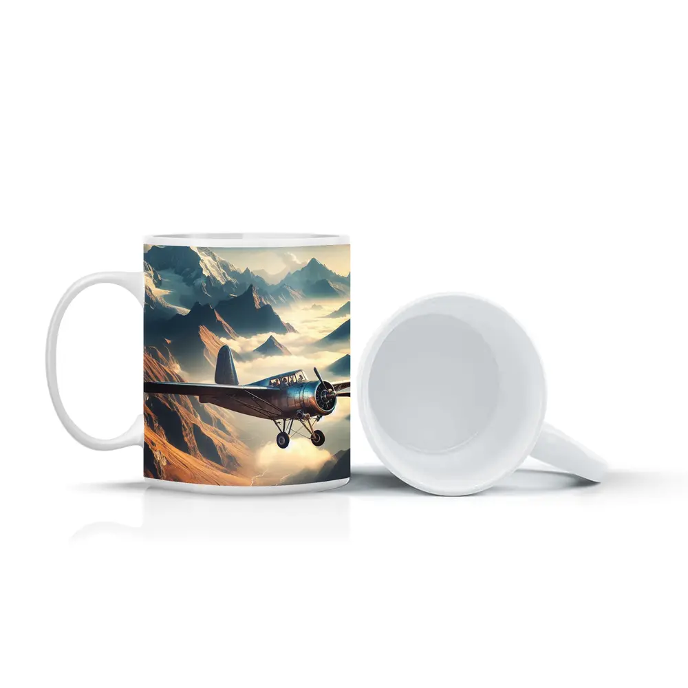Vintage Propeller Plane Flying Over Mountains – Mugs