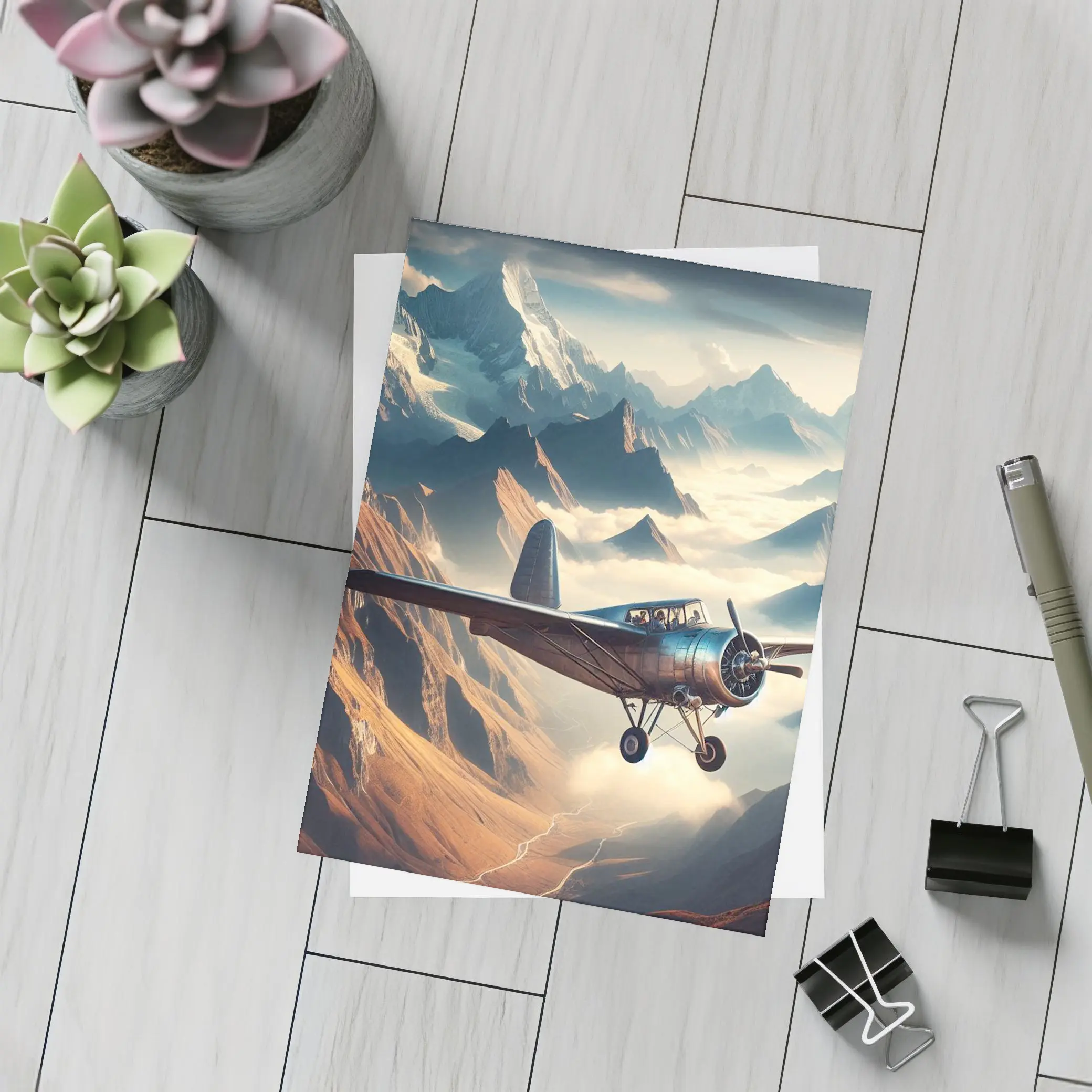 Vintage Propeller Plane Flying Over Mountains – Postcards