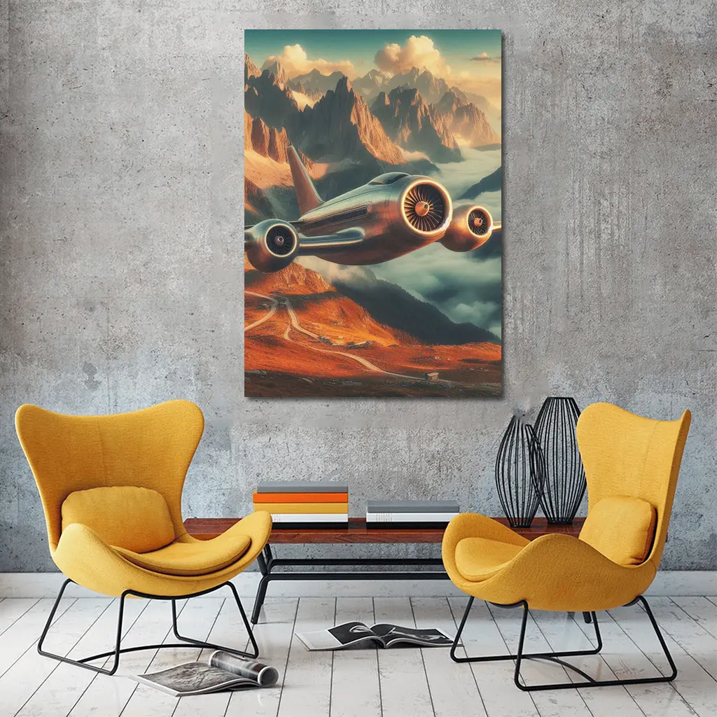 Futuristic Airplane Flying Over Mountain Landscape – Wall Art