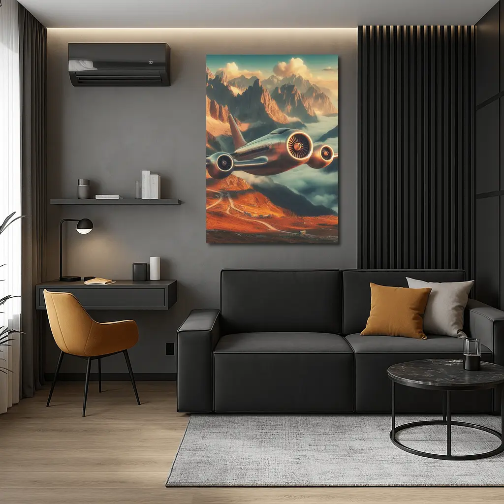 Futuristic Airplane Flying Over Mountain Landscape – Wall Art