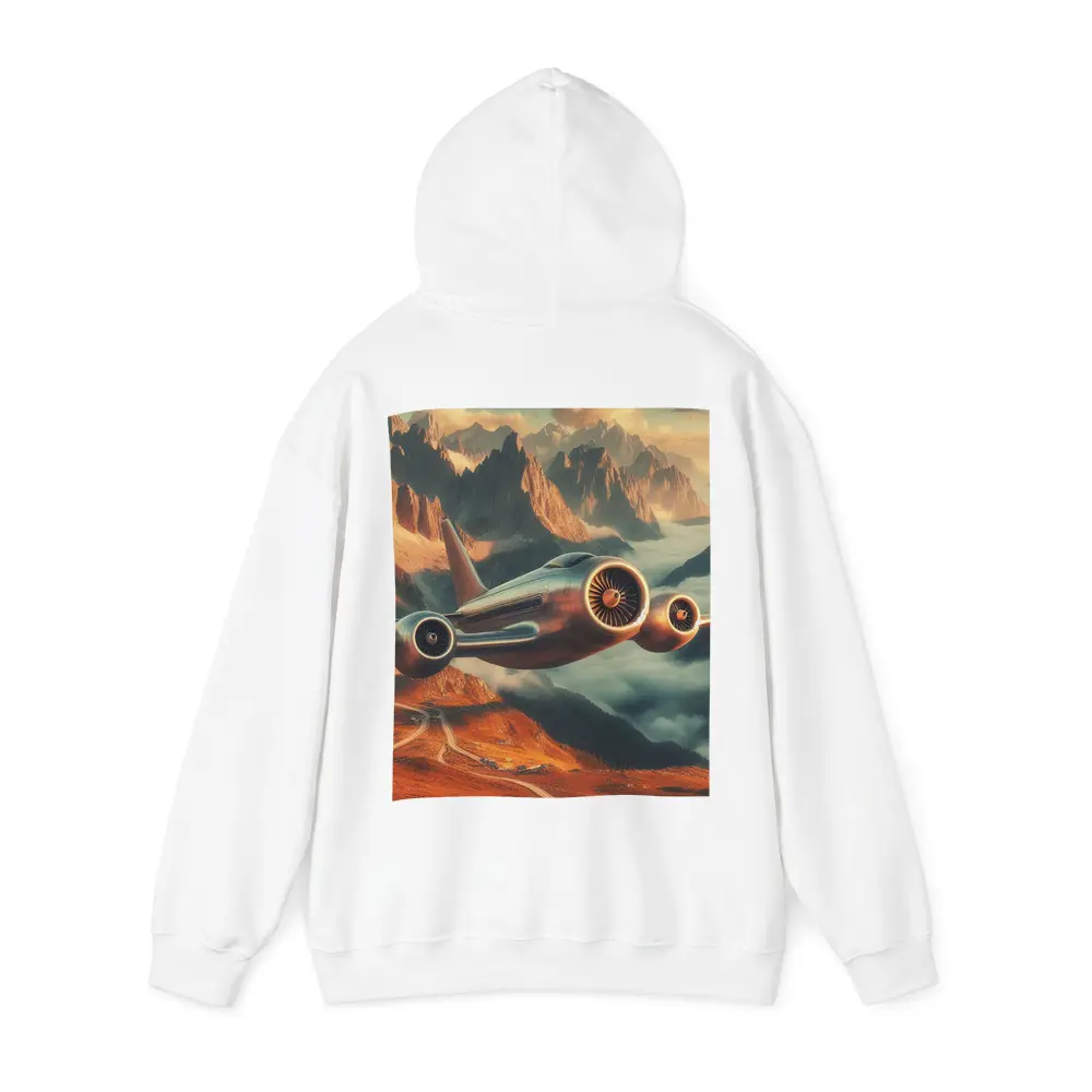 Futuristic Airplane Flying Over Mountain Landscape – Hoodies
