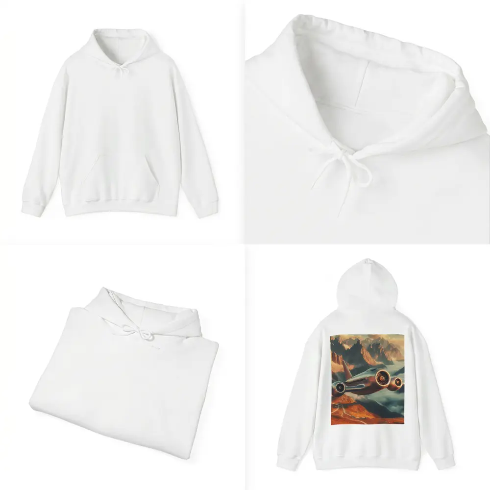 Futuristic Airplane Flying Over Mountain Landscape – Hoodies