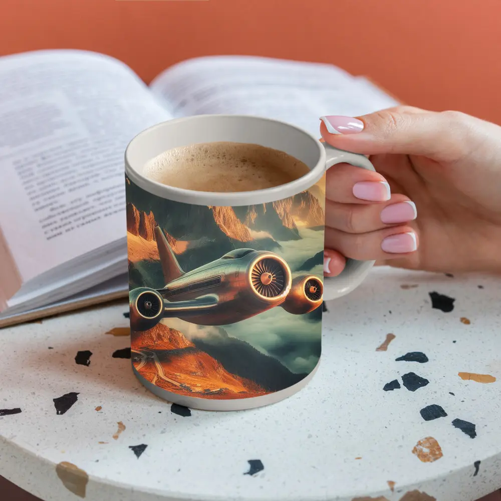 Futuristic Airplane Flying Over Mountain Landscape – Mugs