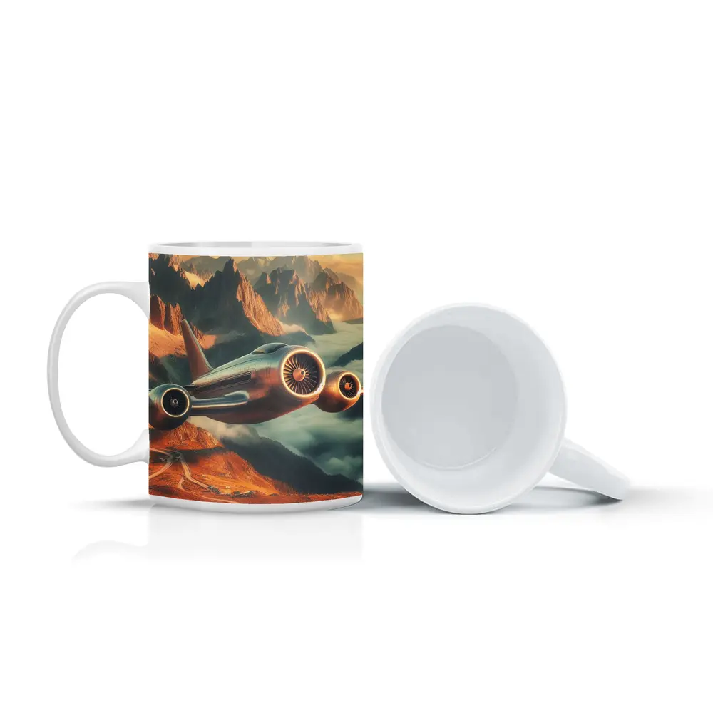Futuristic Airplane Flying Over Mountain Landscape – Mugs
