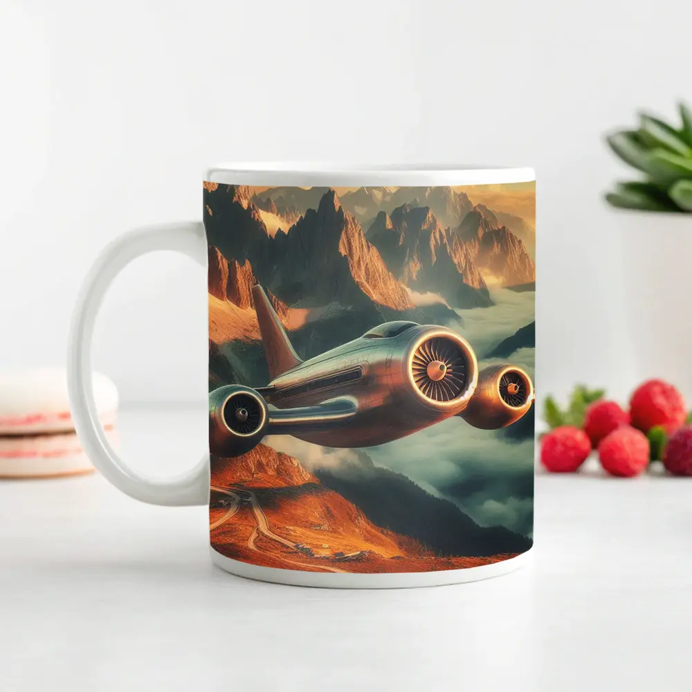 Futuristic Airplane Flying Over Mountain Landscape – Mugs
