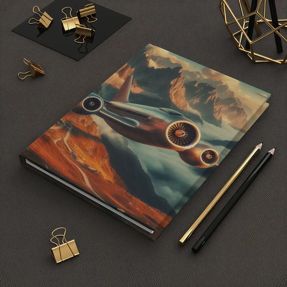 Futuristic Airplane Flying Over Mountain Landscape – Notebooks