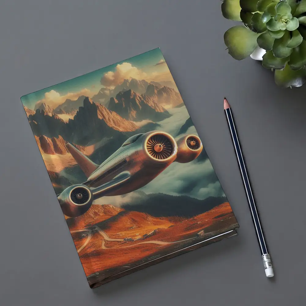 Futuristic Airplane Flying Over Mountain Landscape – Notebooks