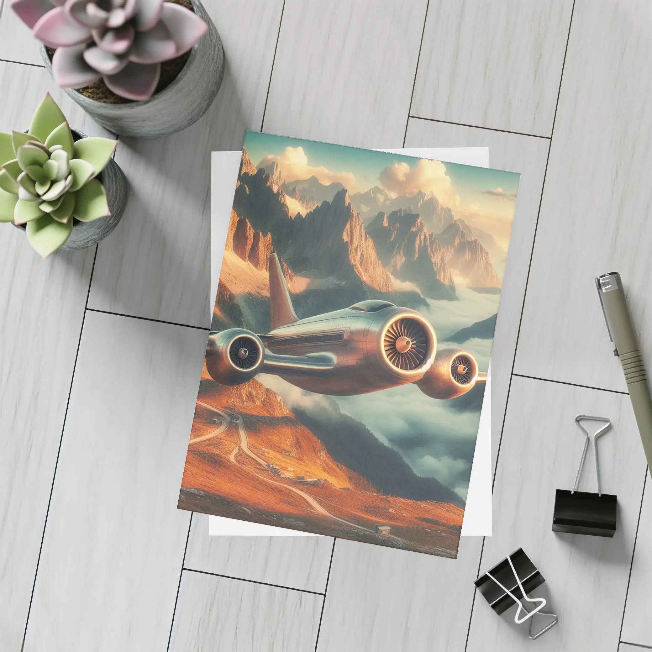 Futuristic Airplane Flying Over Mountain Landscape – Postcards