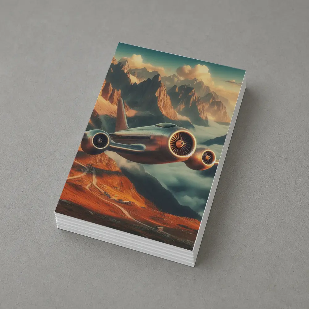 Futuristic Airplane Flying Over Mountain Landscape – Postcards