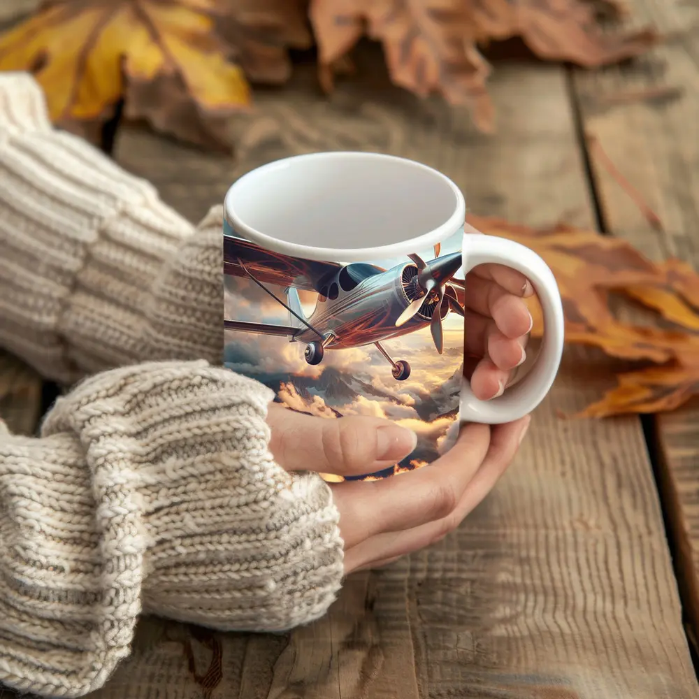 Propeller Plane Flying Above Mountain Clouds – Mugs