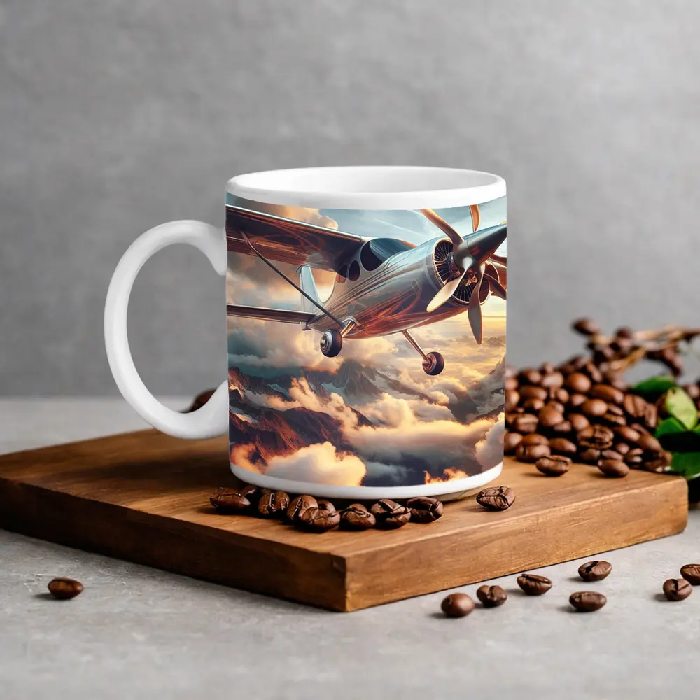Propeller Plane Flying Above Mountain Clouds – Mugs