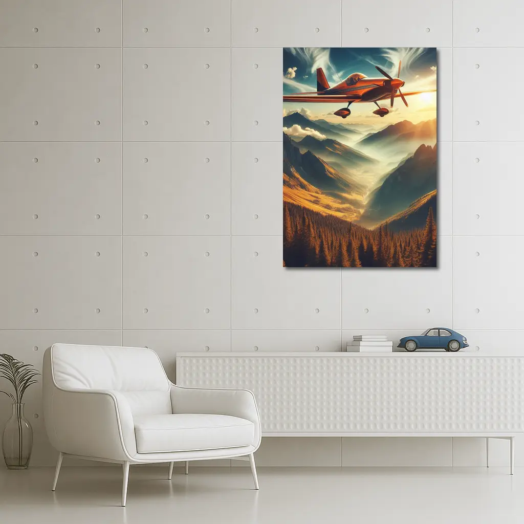 Red Propeller Plane Flying Over Mountain Valley – Wall Art