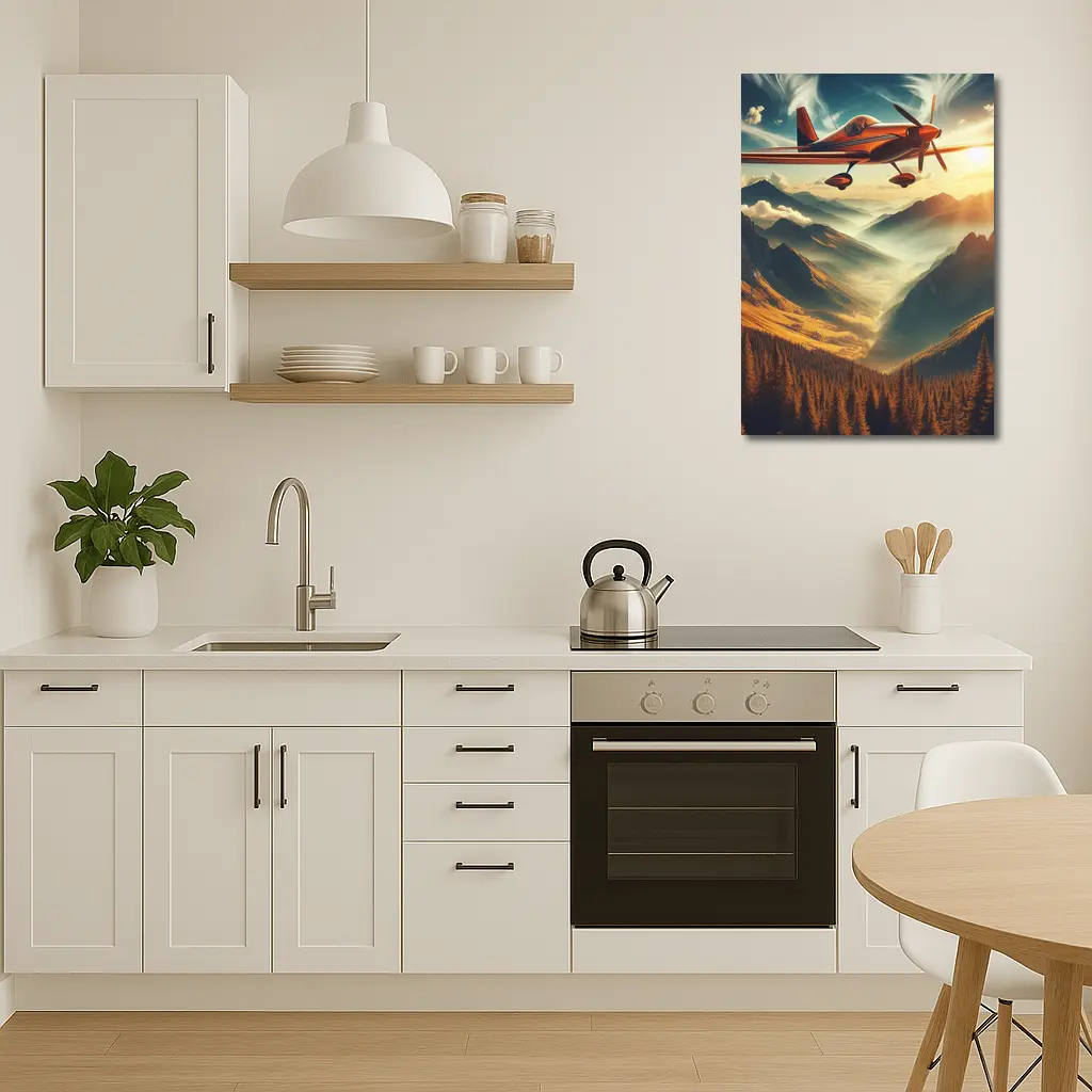 Red Propeller Plane Flying Over Mountain Valley – Wall Art