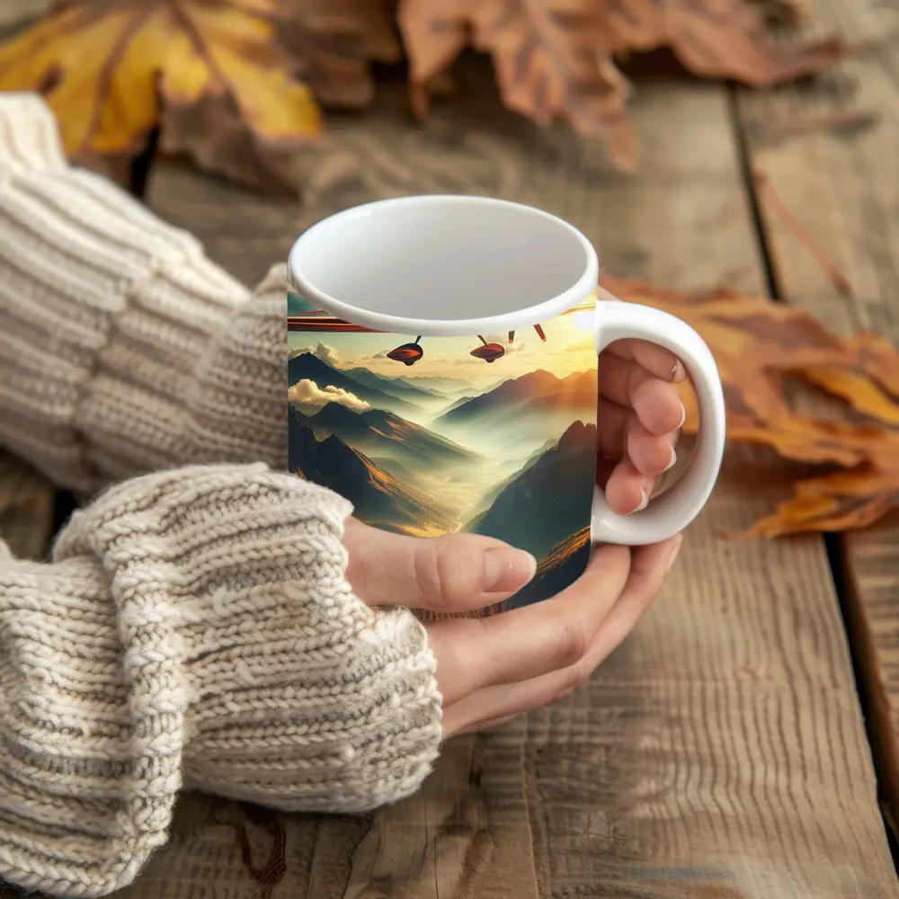 Red Propeller Plane Flying Over Mountain Valley – Mugs