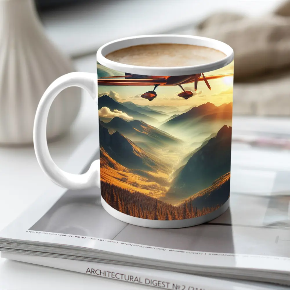 Red Propeller Plane Flying Over Mountain Valley – Mugs