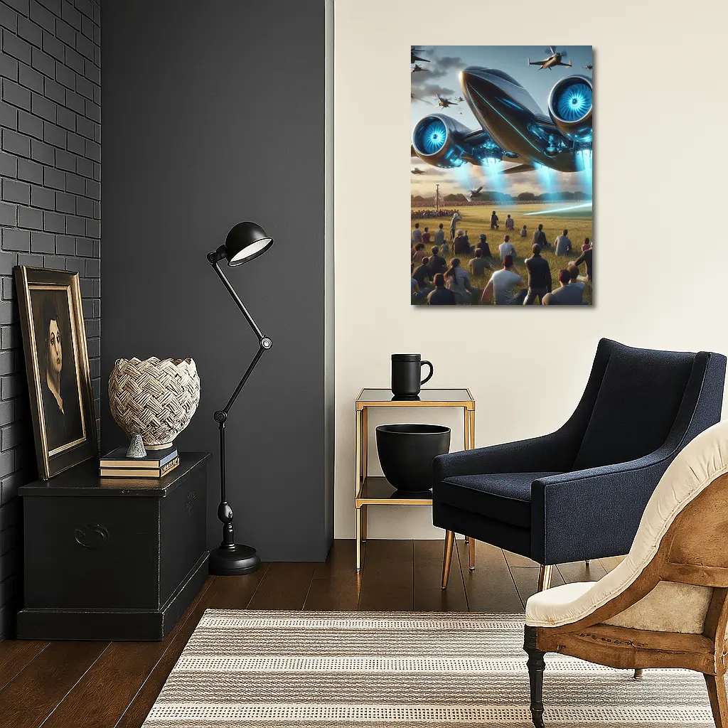 Futuristic Aircraft Over Crowd Open Field – Wall Art