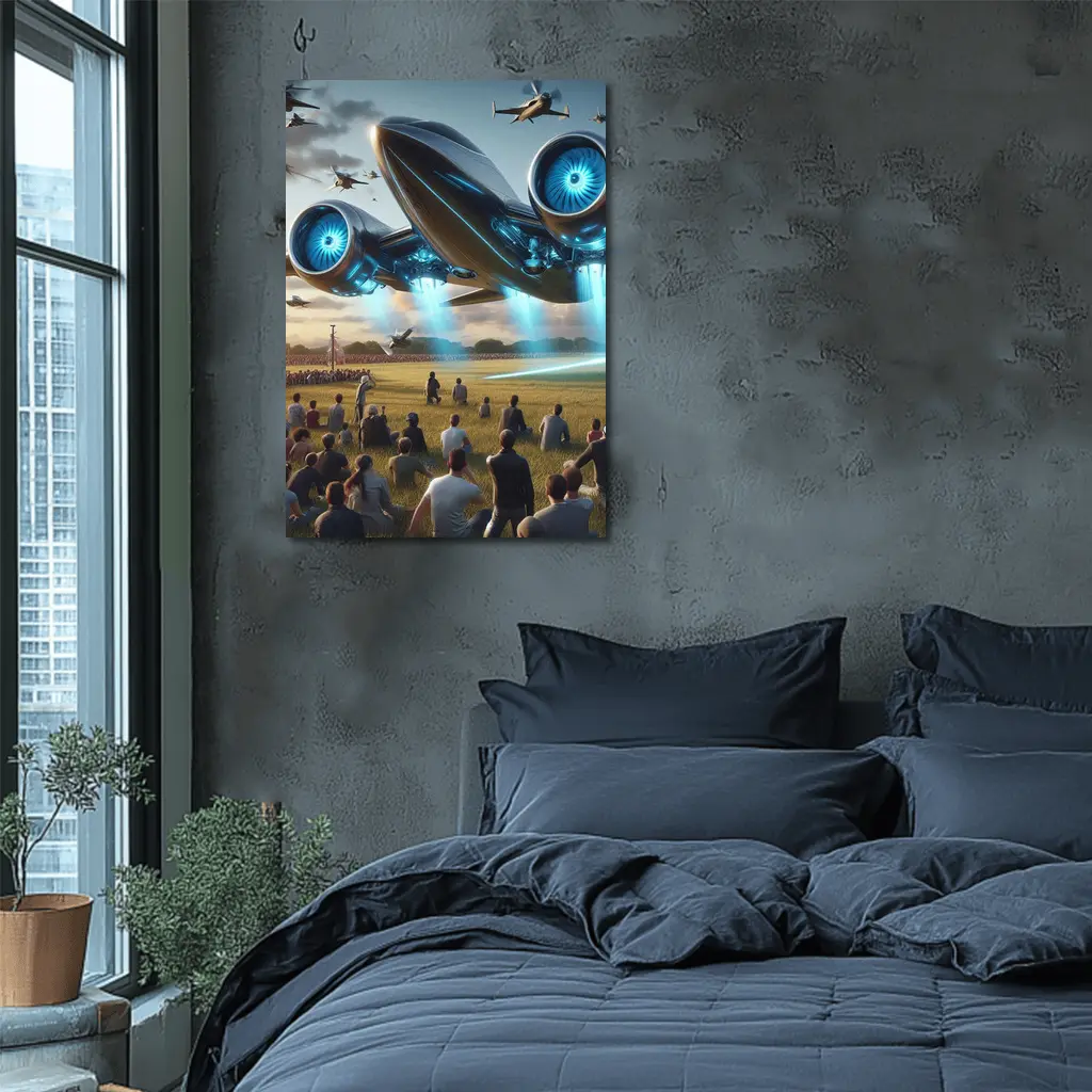 Futuristic Aircraft Over Crowd Open Field – Wall Art