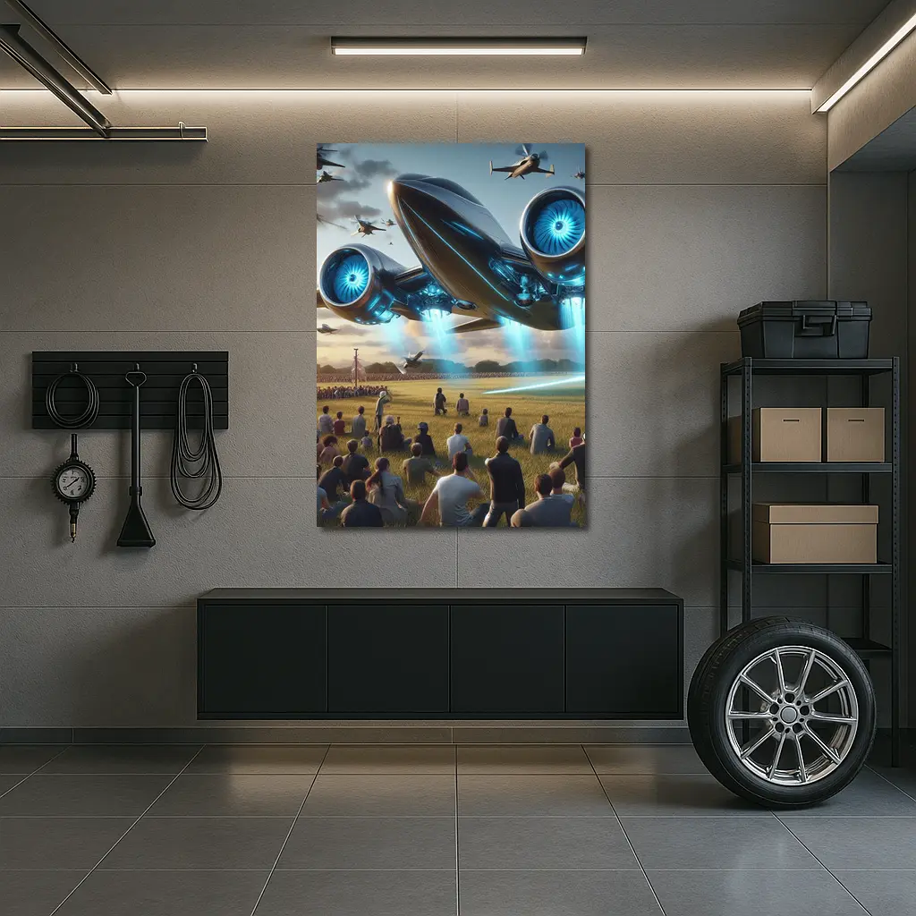 Futuristic Aircraft Over Crowd Open Field – Wall Art