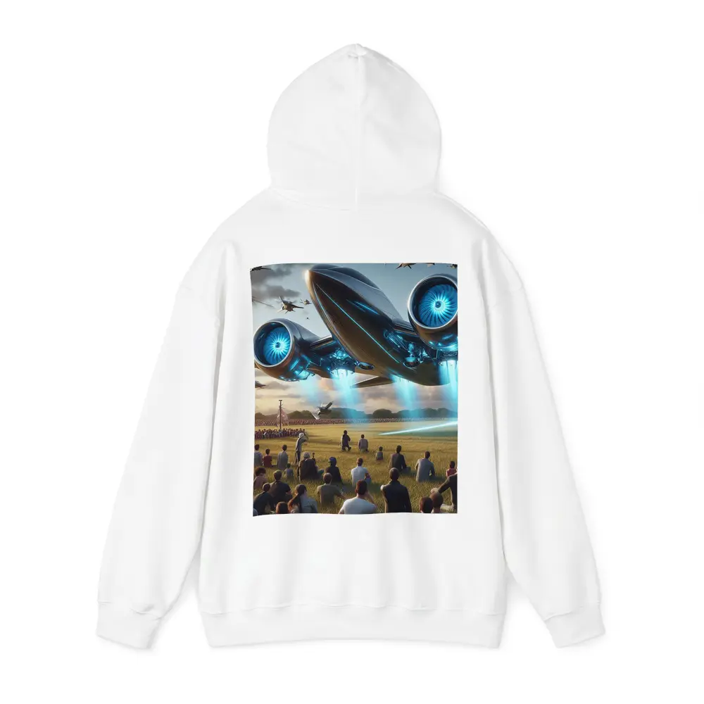 Futuristic Aircraft Over Crowd Open Field – Hoodies