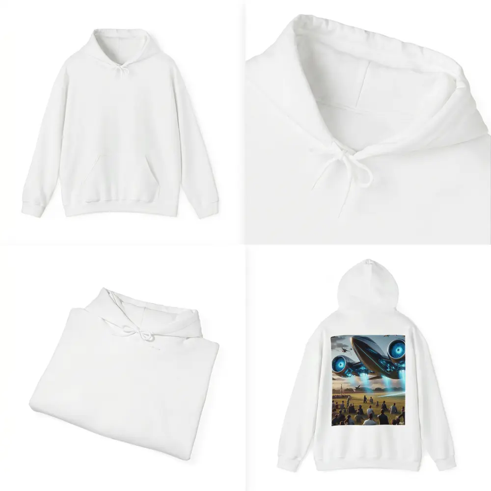 Futuristic Aircraft Over Crowd Open Field – Hoodies
