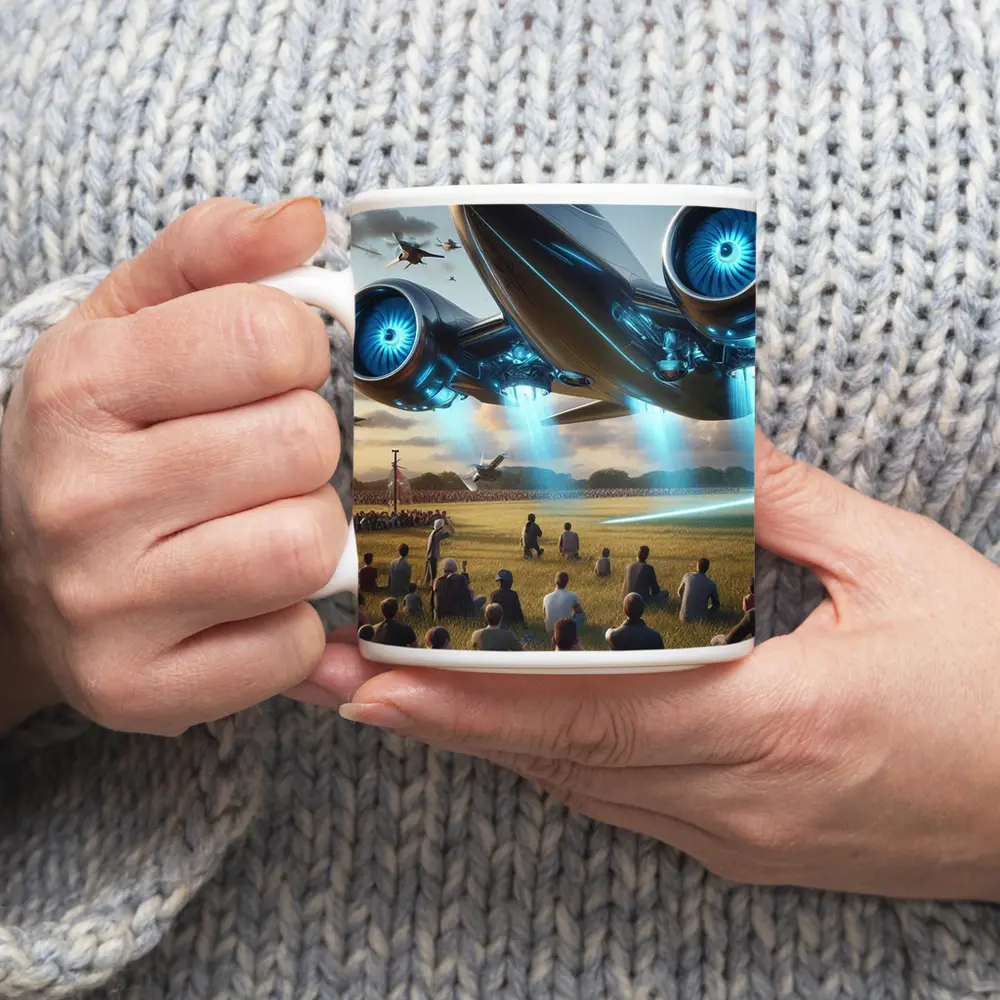 Futuristic Aircraft Over Crowd Open Field – Mugs