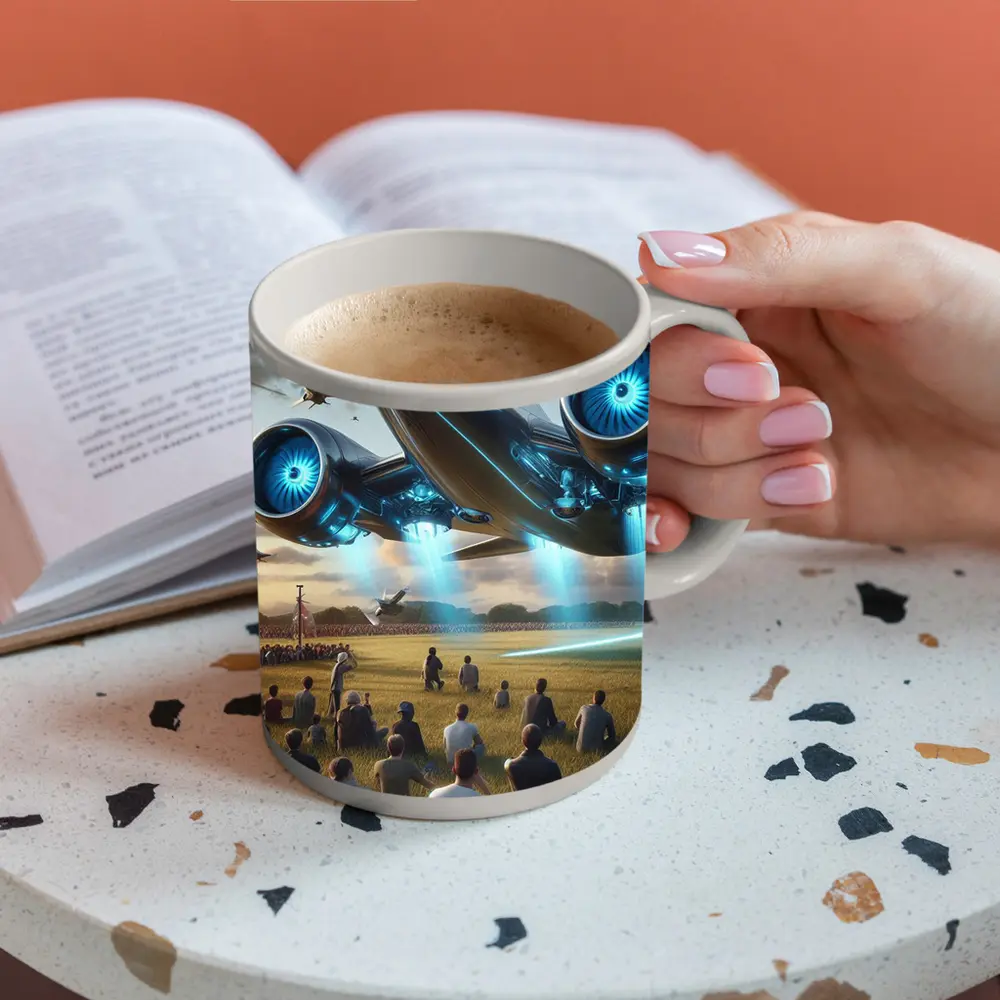 Futuristic Aircraft Over Crowd Open Field – Mugs