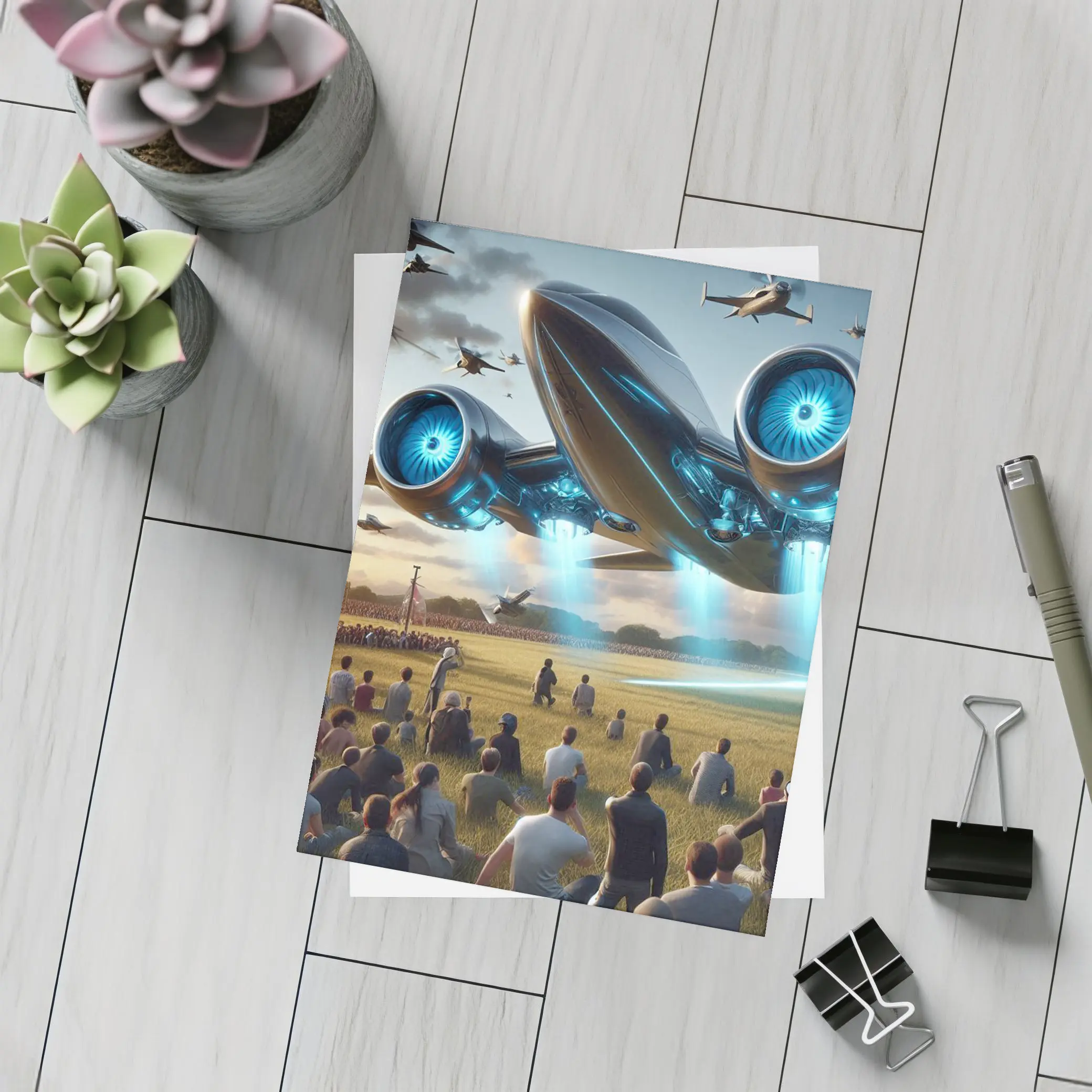 Futuristic Aircraft Over Crowd Open Field – Postcards