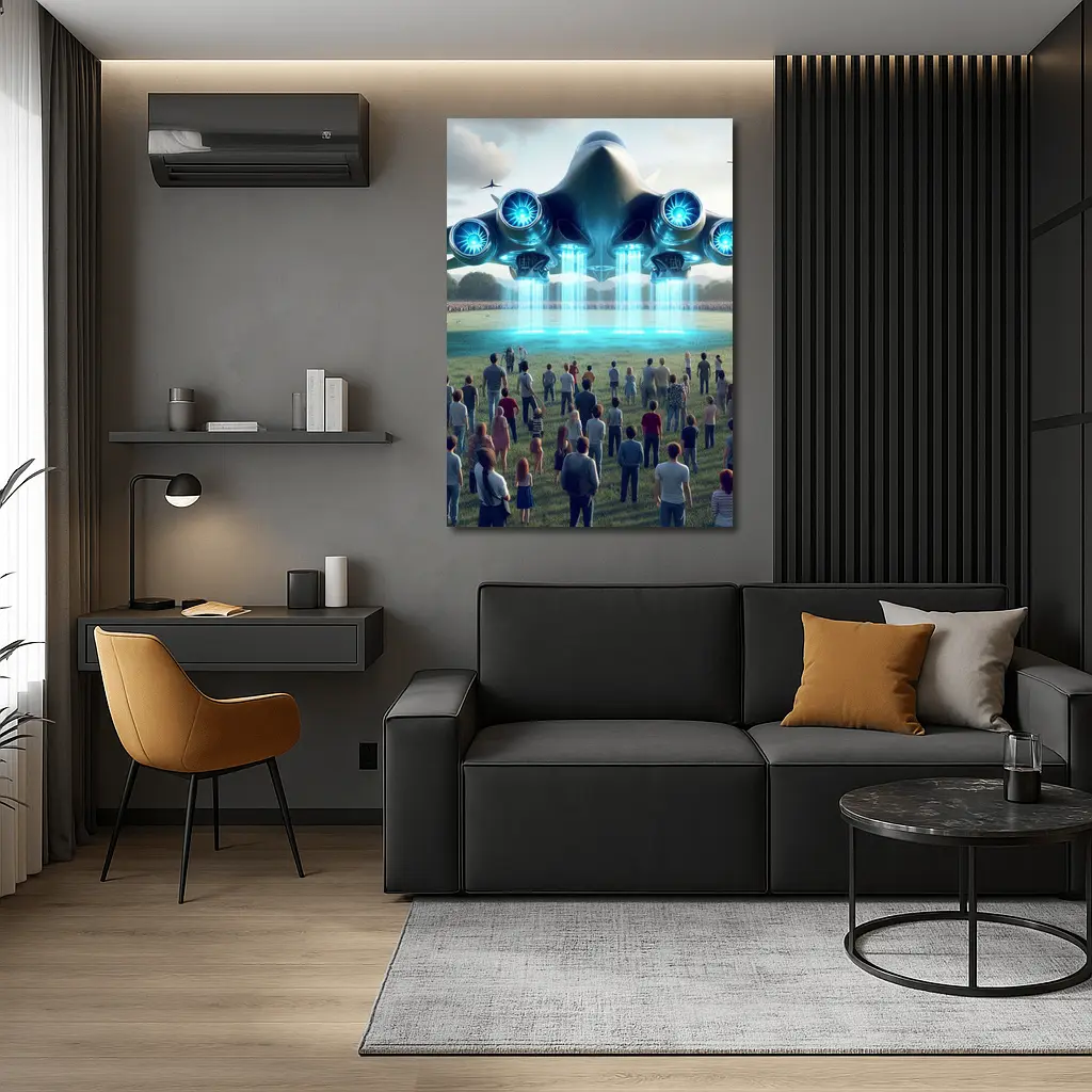 Futuristic Aircraft Hovering Over Crowd Gathering – Wall Art
