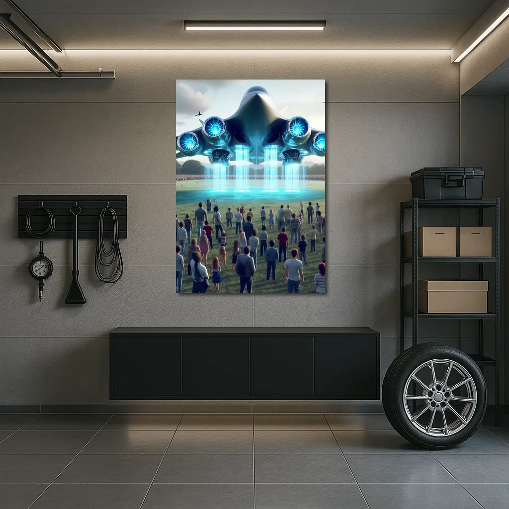 Futuristic Aircraft Hovering Over Crowd Gathering – Wall Art