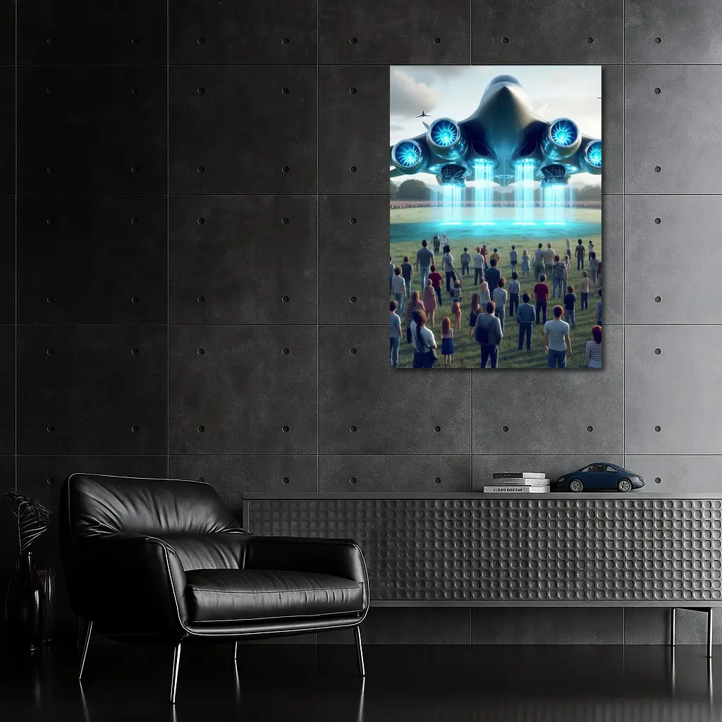 Futuristic Aircraft Hovering Over Crowd Gathering – Wall Art