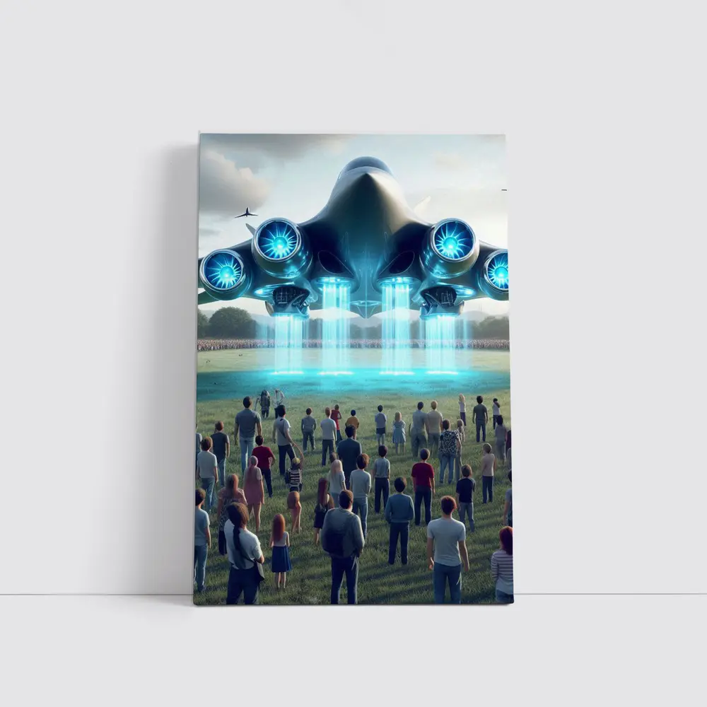 Futuristic Aircraft Hovering Over Crowd Gathering – Wall Art