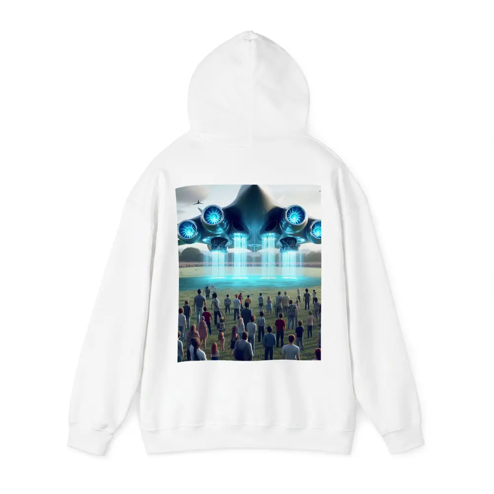 Futuristic Aircraft Hovering Over Crowd Gathering – Hoodies