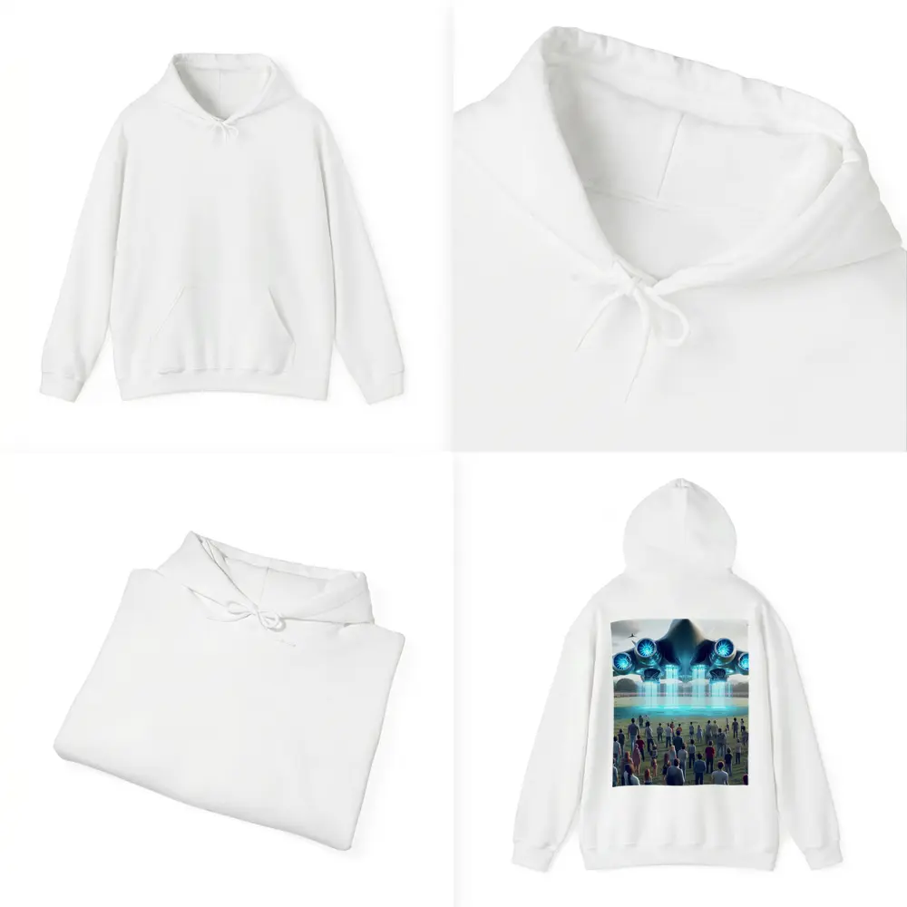 Futuristic Aircraft Hovering Over Crowd Gathering – Hoodies