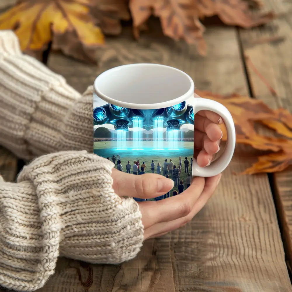 Futuristic Aircraft Hovering Over Crowd Gathering – Mugs
