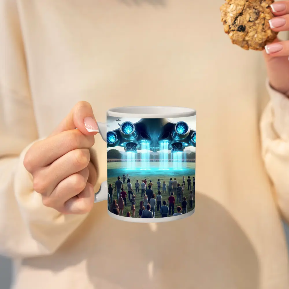 Futuristic Aircraft Hovering Over Crowd Gathering – Mugs