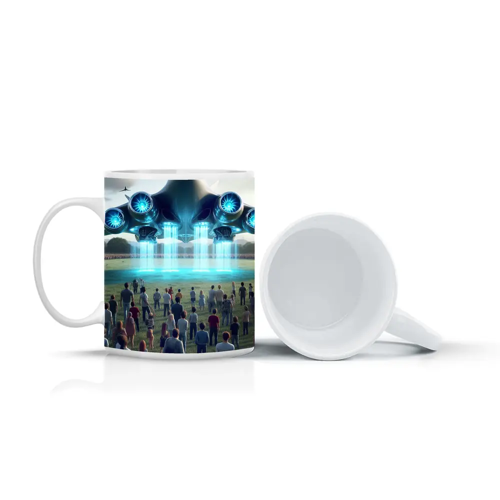 Futuristic Aircraft Hovering Over Crowd Gathering – Mugs
