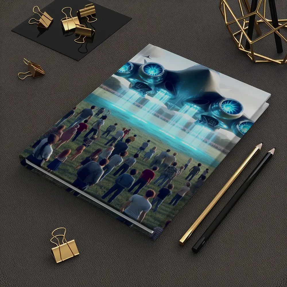 Futuristic Aircraft Hovering Over Crowd Gathering – Notebooks
