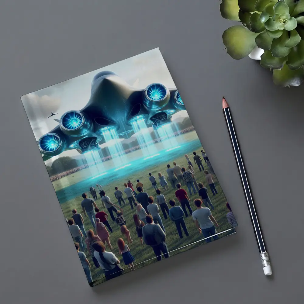 Futuristic Aircraft Hovering Over Crowd Gathering – Notebooks