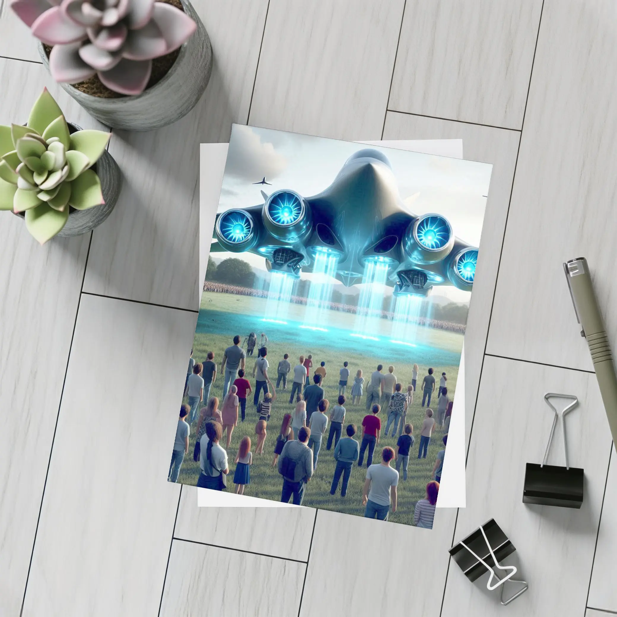 Futuristic Aircraft Hovering Over Crowd Gathering – Postcards