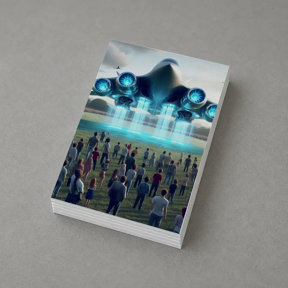 Futuristic Aircraft Hovering Over Crowd Gathering – Postcards