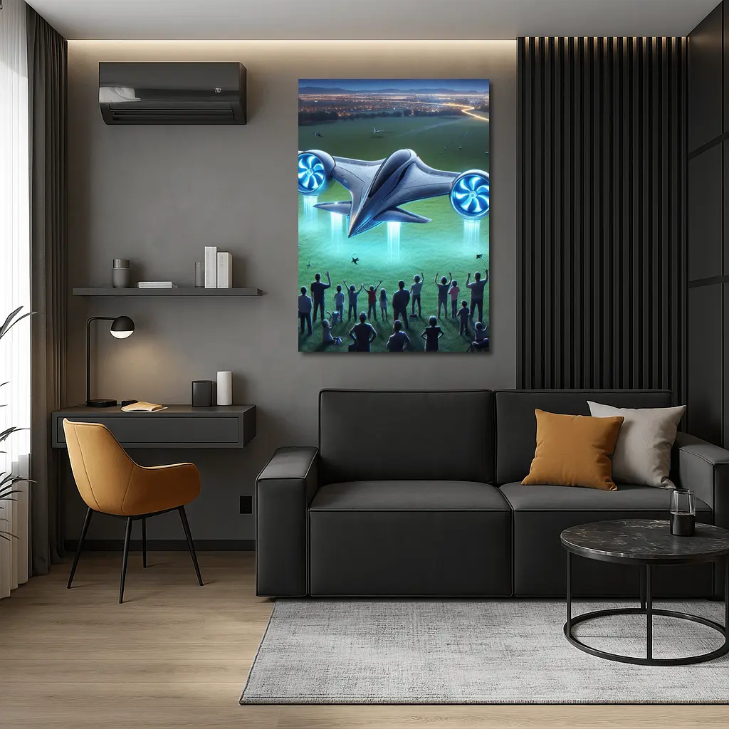 Futuristic Electric Aircraft Landing at Night – Wall Art