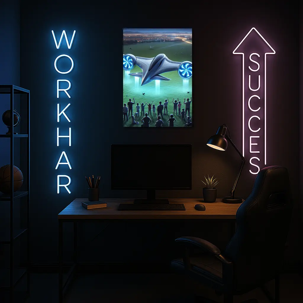 Futuristic Electric Aircraft Landing at Night – Wall Art