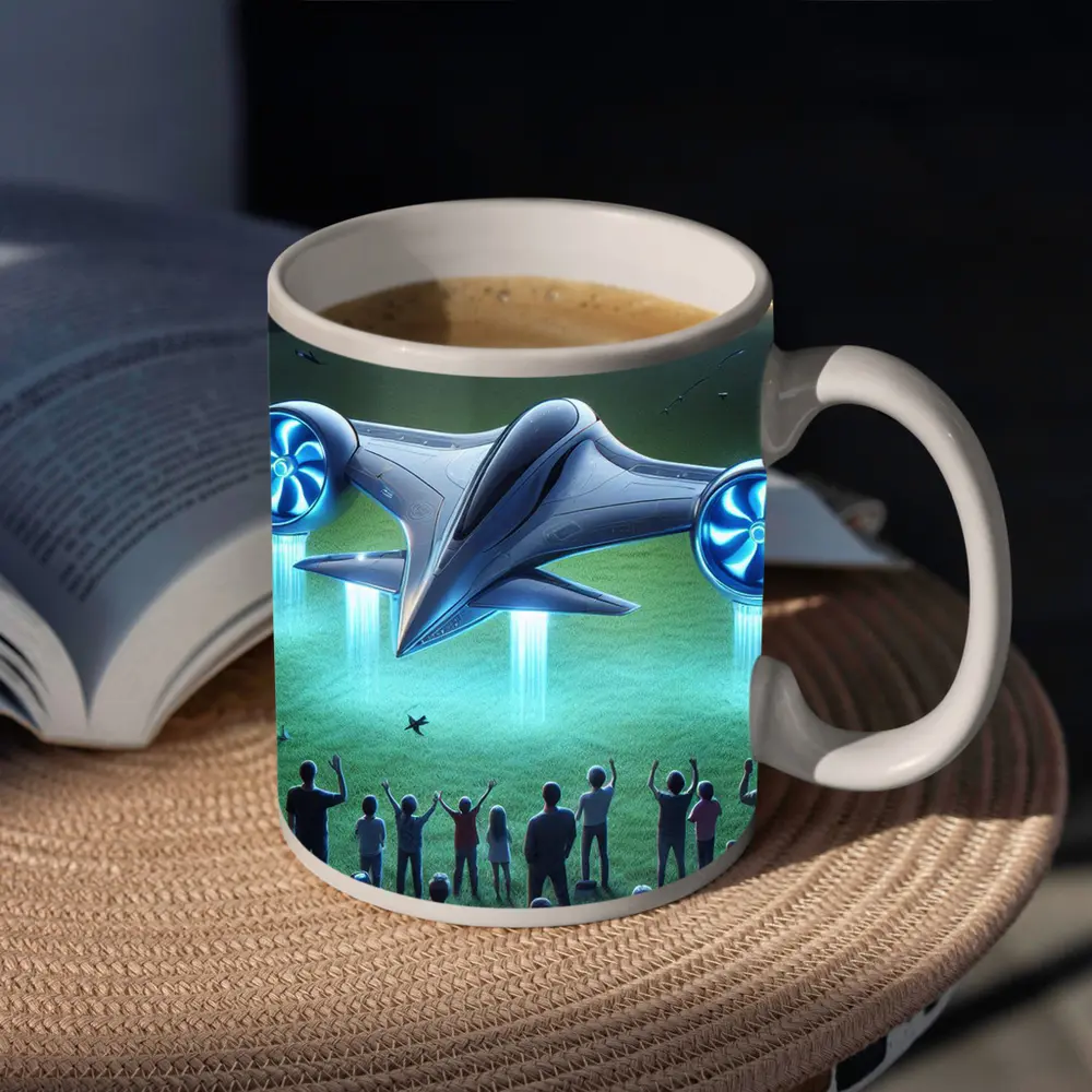 Futuristic Electric Aircraft Landing at Night – Mugs