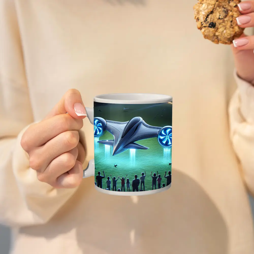 Futuristic Electric Aircraft Landing at Night – Mugs