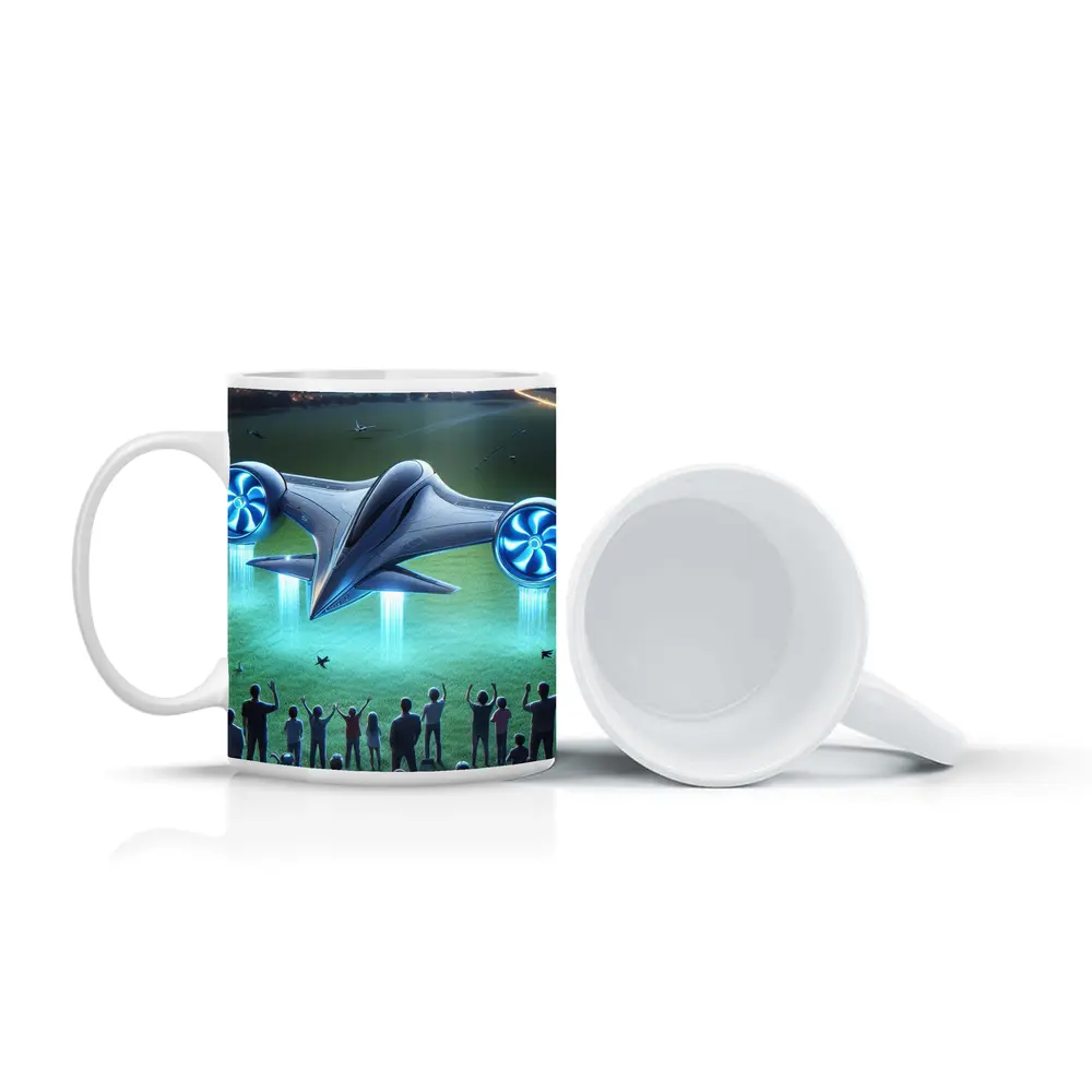Futuristic Electric Aircraft Landing at Night – Mugs