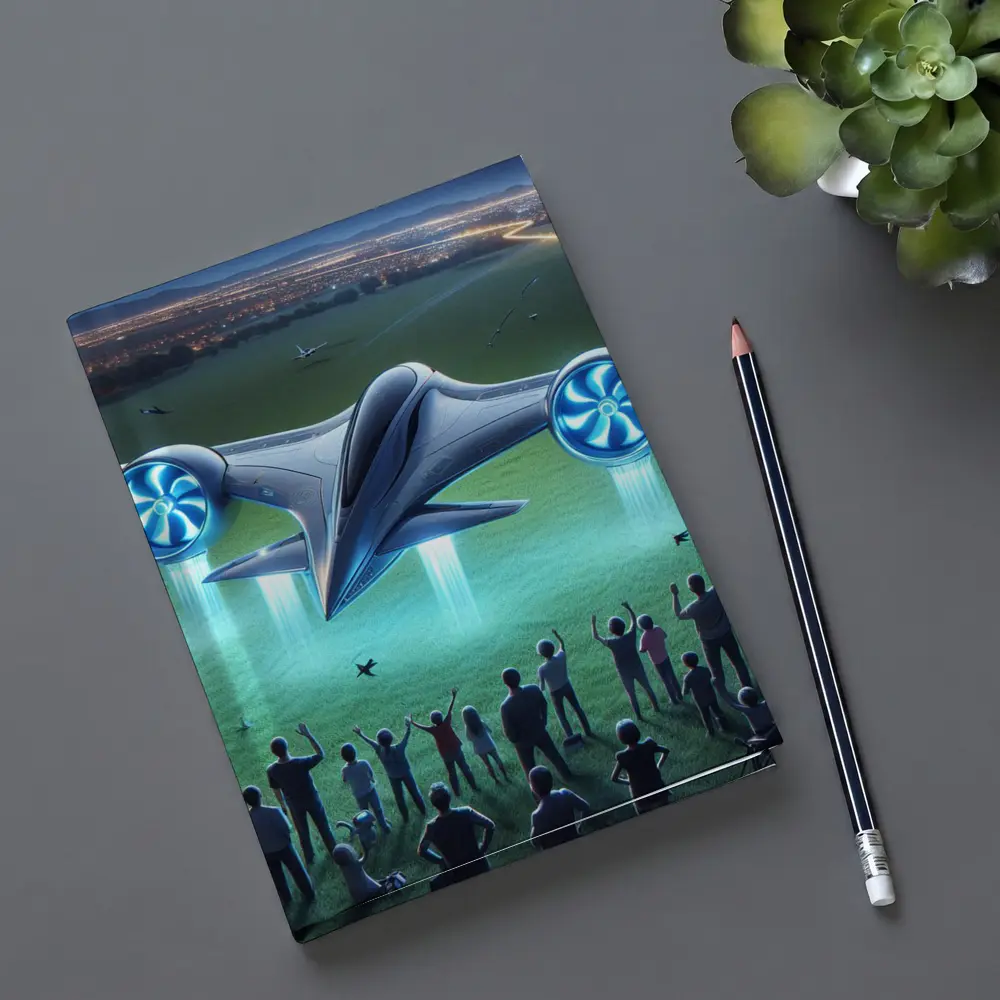 Futuristic Electric Aircraft Landing at Night – Notebooks