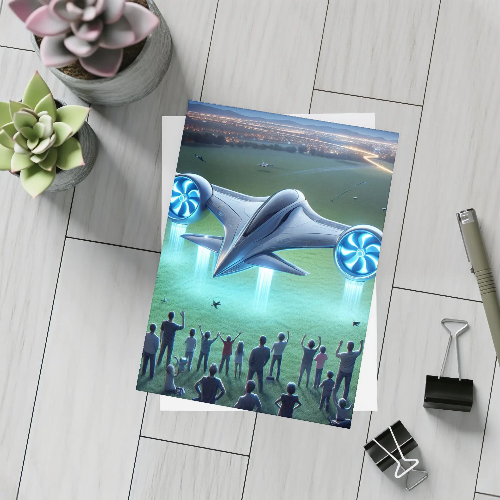 Futuristic Electric Aircraft Landing at Night – Postcards