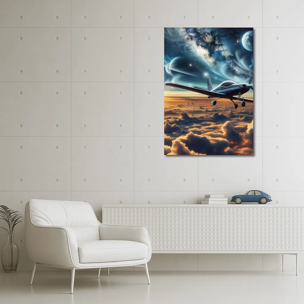 Small Airplane Flying Above Clouds Space – Wall Art