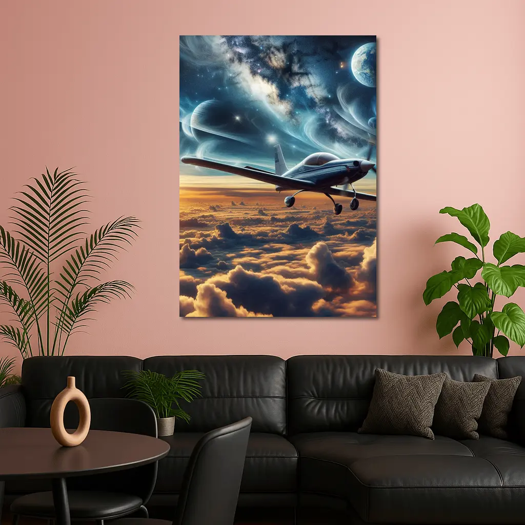 Small Airplane Flying Above Clouds Space – Wall Art